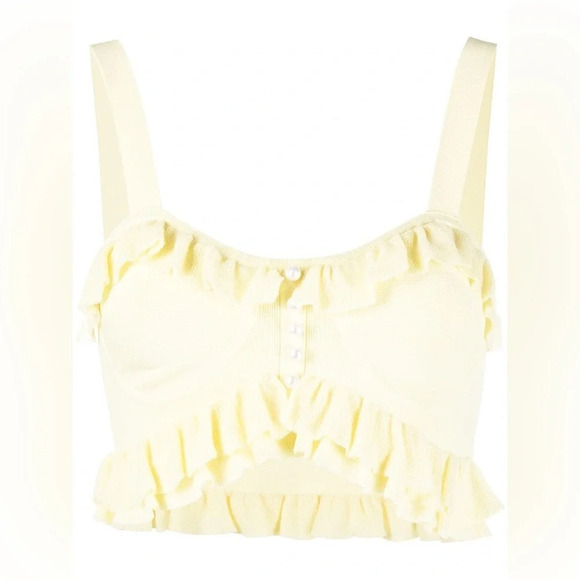 NEW SANDRO Ruffled  Bandeau Top Pastel Yellow Pearl Detail | size 1 / S - Picture 4 of 10